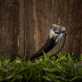 Indlæs billede i Gallery viewer, En poleret Drikkehorn-spiral, kendetegnet ved sit sort-hvide design, vises elegant i et opretstående metalstativ, der hviler på en frodig base af grønt løv. Baggrunden har en rustik træbaggrund, der tilføjer en jordnær og historisk følelse til scenen - perfekt til vikingemarked eller boligdekoration.