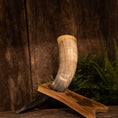 Indlæs billede i Gallery viewer, Et smukt udformet Drikkehorn Raw m. Thors Hammer Holder hviler i sit træstativ på en rustik træbaggrund, der minder om en gammel vikingeudstilling. Hornet viser en fantastisk gradient fra mørkt i bunden til lyst i spidsen, med grønt løv, der tilføjer et naturligt præg til baggrunden.