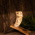 Indlæs billede i Gallery viewer, Drikkehorn Raw m. Thors Hammer Holder, med et poleret horn med marmoreret mønster, hviler elegant på et træstativ. Den rustikke trævægbaggrund, med grønne bregner delvist synlige på højre side, sætter en naturlig og historisk stemning, der minder om gammel vikingeindretning.