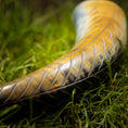 Indlæs billede i Gallery viewer, Et nærbillede af et poleret Drikkehorn Wild, et traditionelt jødisk ceremonielt horn, hvilende på frodigt grønt græs. Hornet fremviser indviklede riller og en gradient fra gule til mørke nuancer, der reflekterer lyset og fremhæver dets detaljerede tekstur. Dens håndværk minder om det, man finder i Vikingemarkeder.