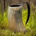 Indlæs billede i Gallery viewer, Et poleret Vikingekrus Nature Horn (600-800ml) med et håndtag står oprejst på græsklædt jord med et plankeværk i baggrunden. Hornet har en glat, reflekterende overflade med et naturligt, let gennemskinnelig mønster.