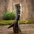 Indlæs billede i Gallery viewer, Drikkehorn Yggdrasil U. Mønster, lavet af et poleret dyrehorn, fremviser en tydelig krumning og kommer med et udsmykket udskåret stativ, der ligner det mytiske Yggdrasil-træ. Den rustikke charme ved dette stykke forstærkes yderligere af baggrunden af træplanker og grønt løv, der vækker minder om skatte fundet på et vikingemarked.