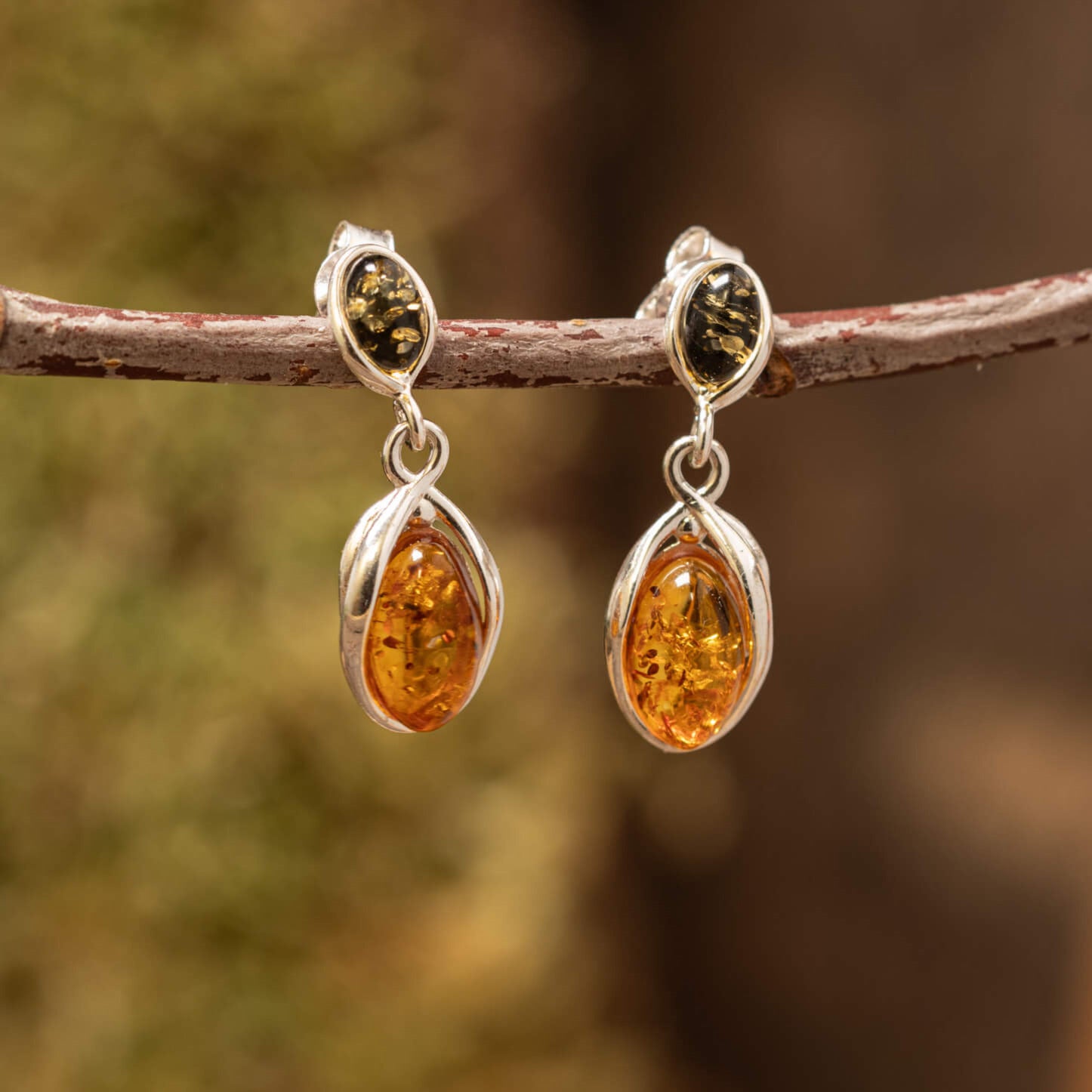 Hængeøreringe Dual Amber 925s Sølv