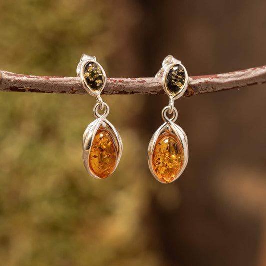 Hængeøreringe Dual Amber 925s Sølv