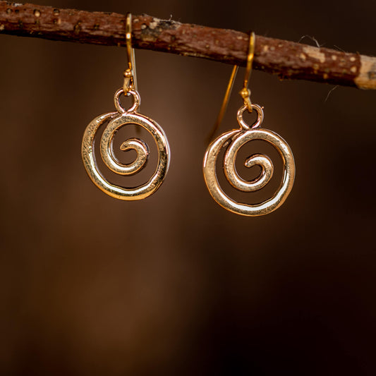 Et par Hængeøreringe Spiral Bronze øreringe hænger fra en tynd, ru trægren. Spiralerne, der ligner forgyldt sølv, er glatte med en poleret finish, der reflekterer lys mod en sløret brun baggrund. Øreringene er enkle og elegante og fremviser en naturlig, rustik æstetik.