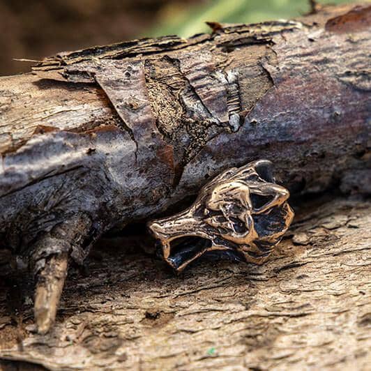 En hårpynt og skægperle i bronze, kaldet "Skægperler / Hårpynt Ulv Bronze", hviler mod en forvitret træstamme, der blander sig problemfrit med den rustikke teksturerede bark og omgivelserne. Baggrundens jordfarver fremhæver de unikke designkarakteristika, der minder om vikingesmykker.